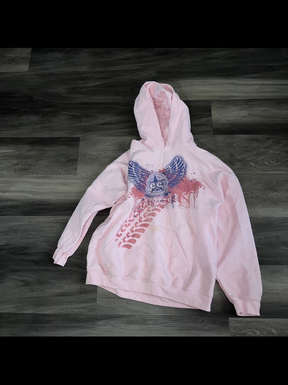 Womens Large Pink Jeep Hoodie Graphic Pullover Sweatshirt Y2K Wings Casual